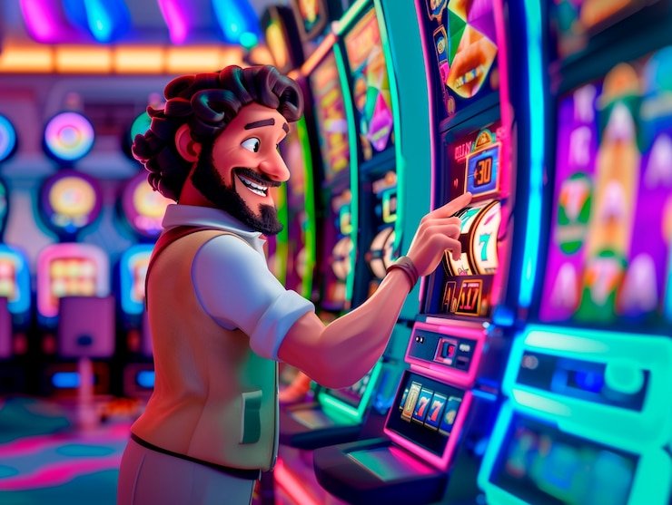 Antarmuka permainan slot fav77 dengan tombol putar dan informasi taruhan